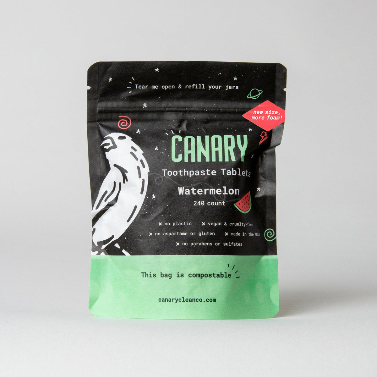 Compostable refill pouch of Canary watermelon toothpaste tablets, 240 count.