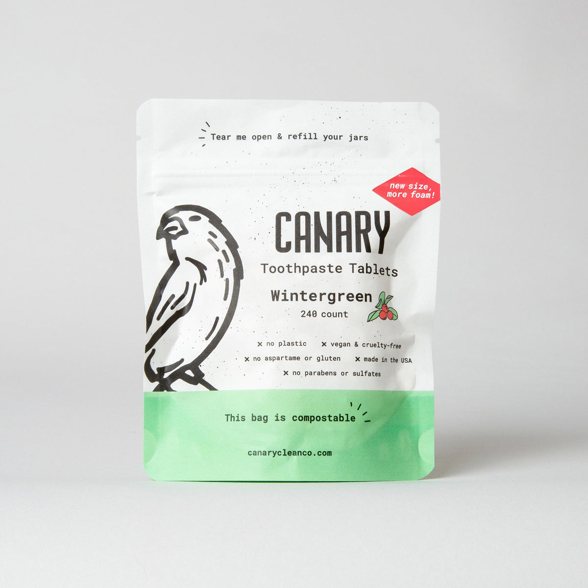 Canary Wintergreen toothpaste tablets in a compostable refill pouch, 248 count