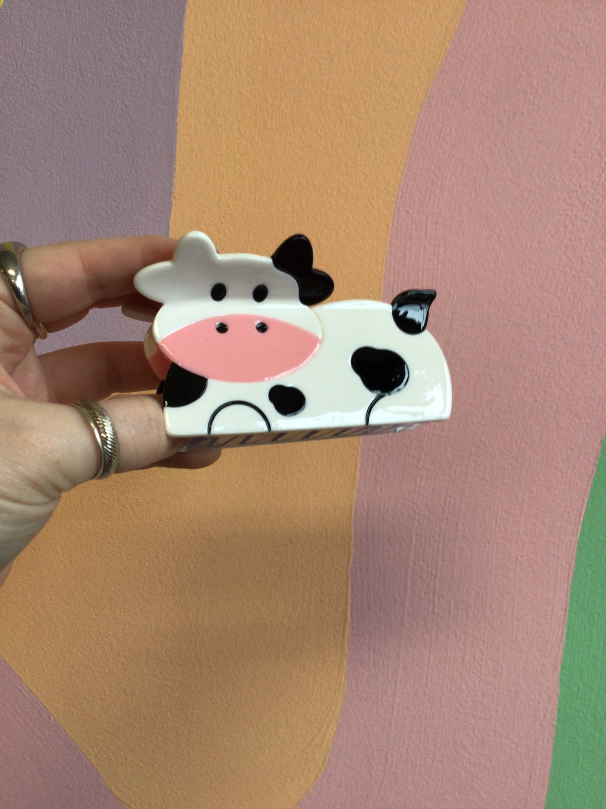 Cow animal hair claw clip, white base with black spots and pink nose detail