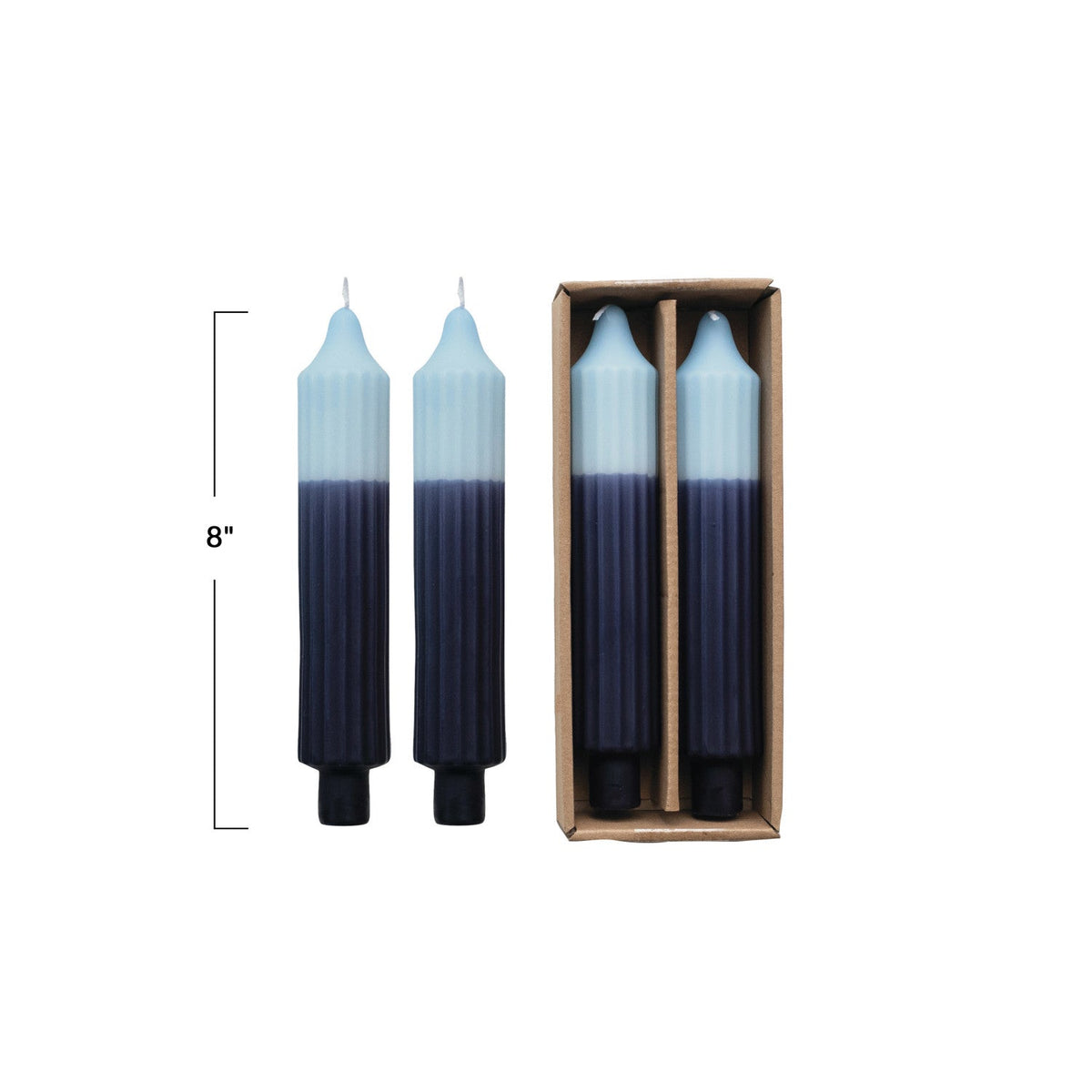 Two blue two-tone pleated taper candles, 8 in tall, with light tops and dark bases