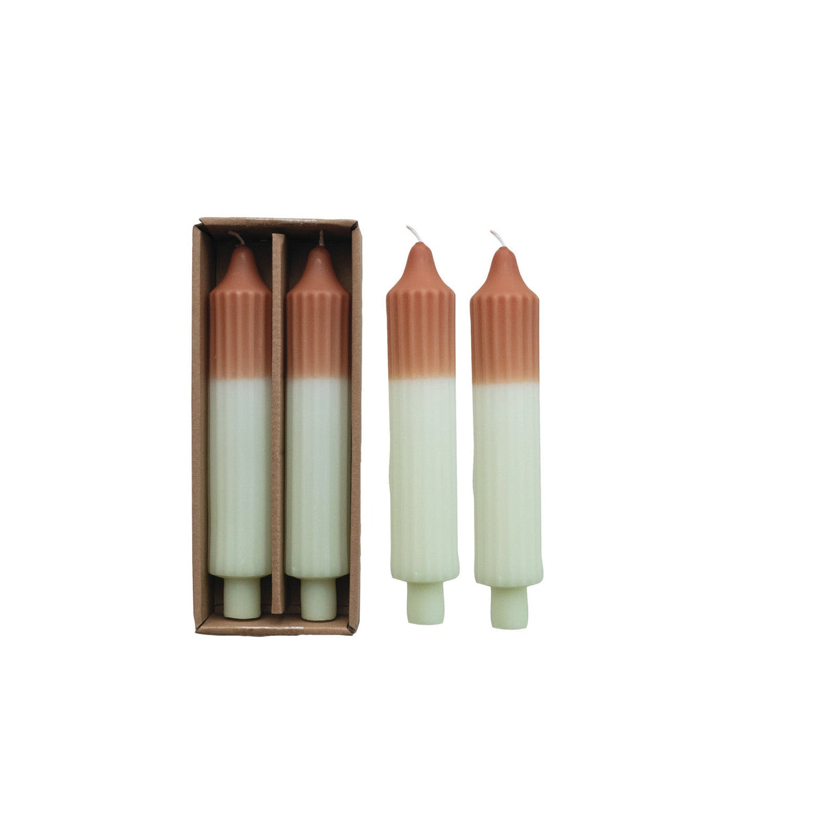 Set of 2 two-tone pleated taper candles, camel tops with cream bases, boxed and out
