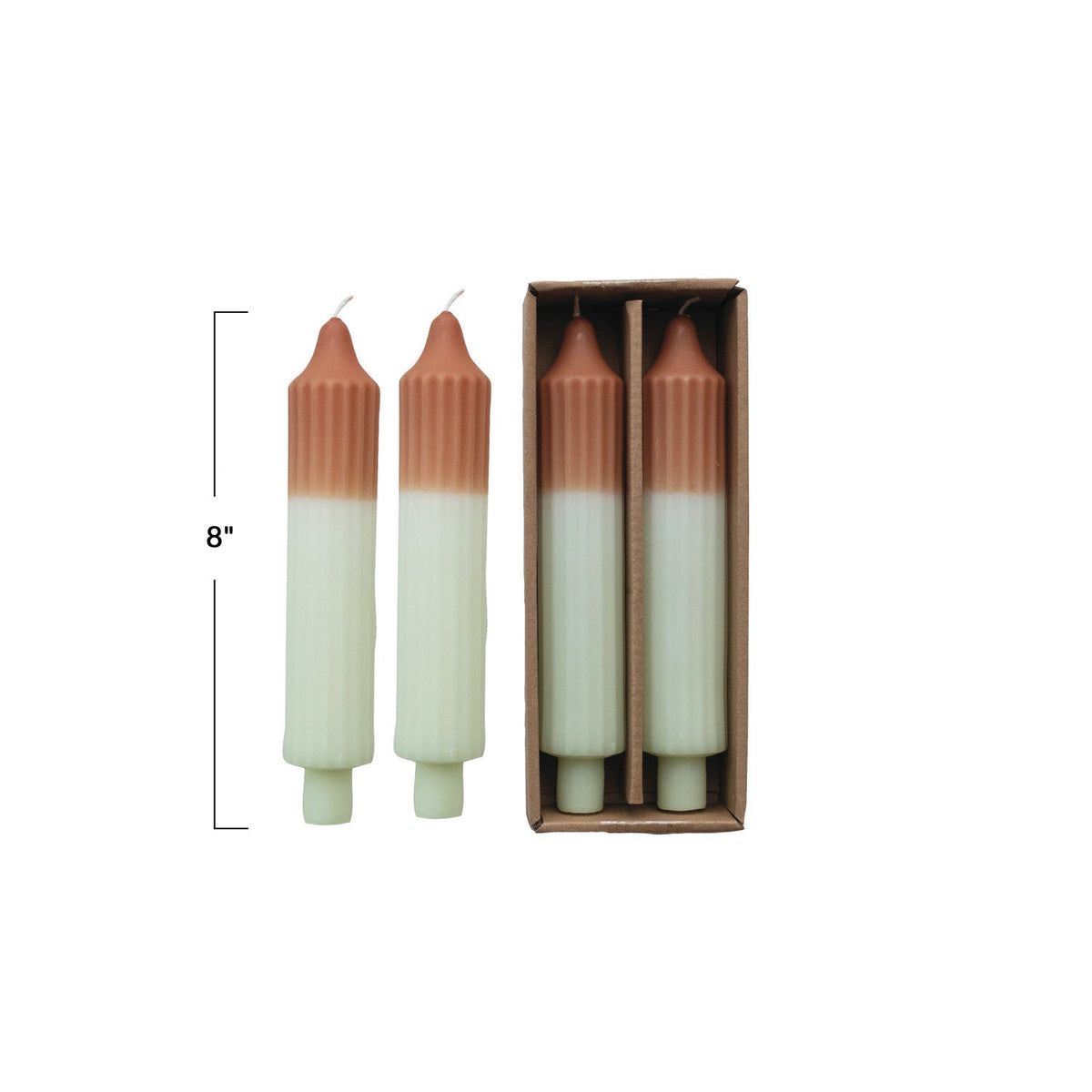 Two-tone pleated taper candles, camel tops and cream bases; pair height 8 in