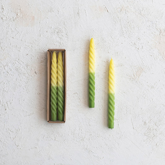 Twisted taper candles pair with green-to-yellow ombre spiral design