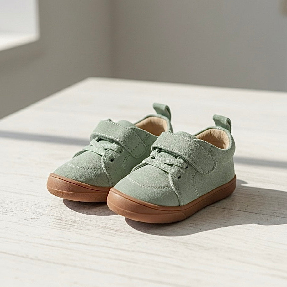 Kids’ light green barefoot sneakers, front view, with brown flexible outsole and laces