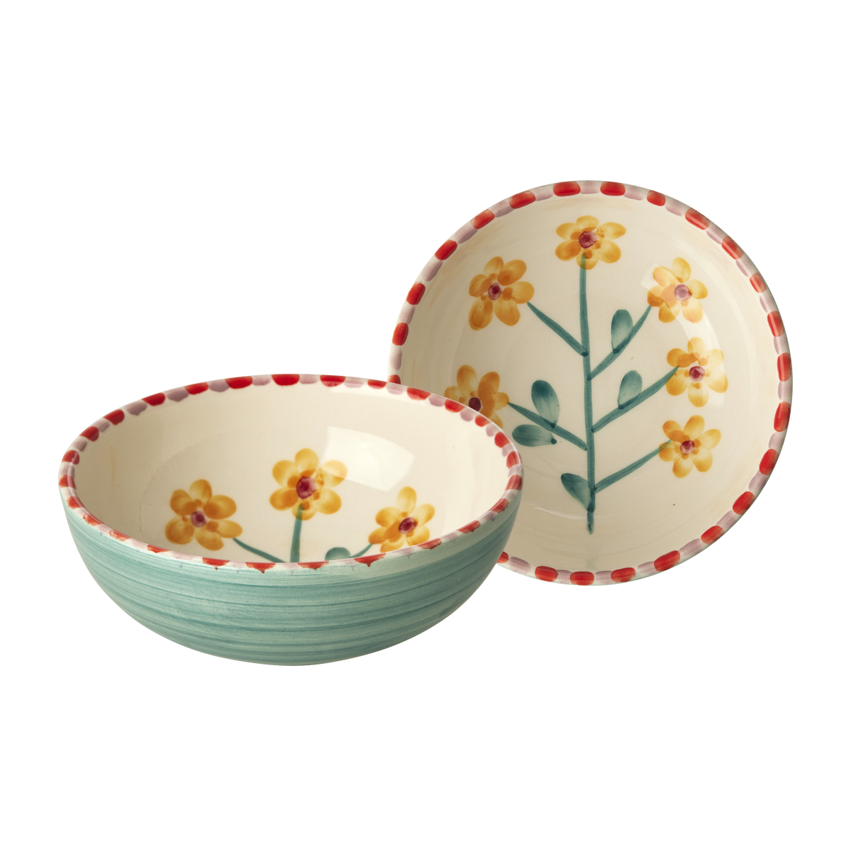 Ceramic bowls with jade-yellow flowers and teal branches, red dotted rim, set of 2