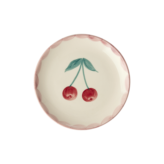 Ceramic cake plate with hand-painted cherries and pink scalloped rim