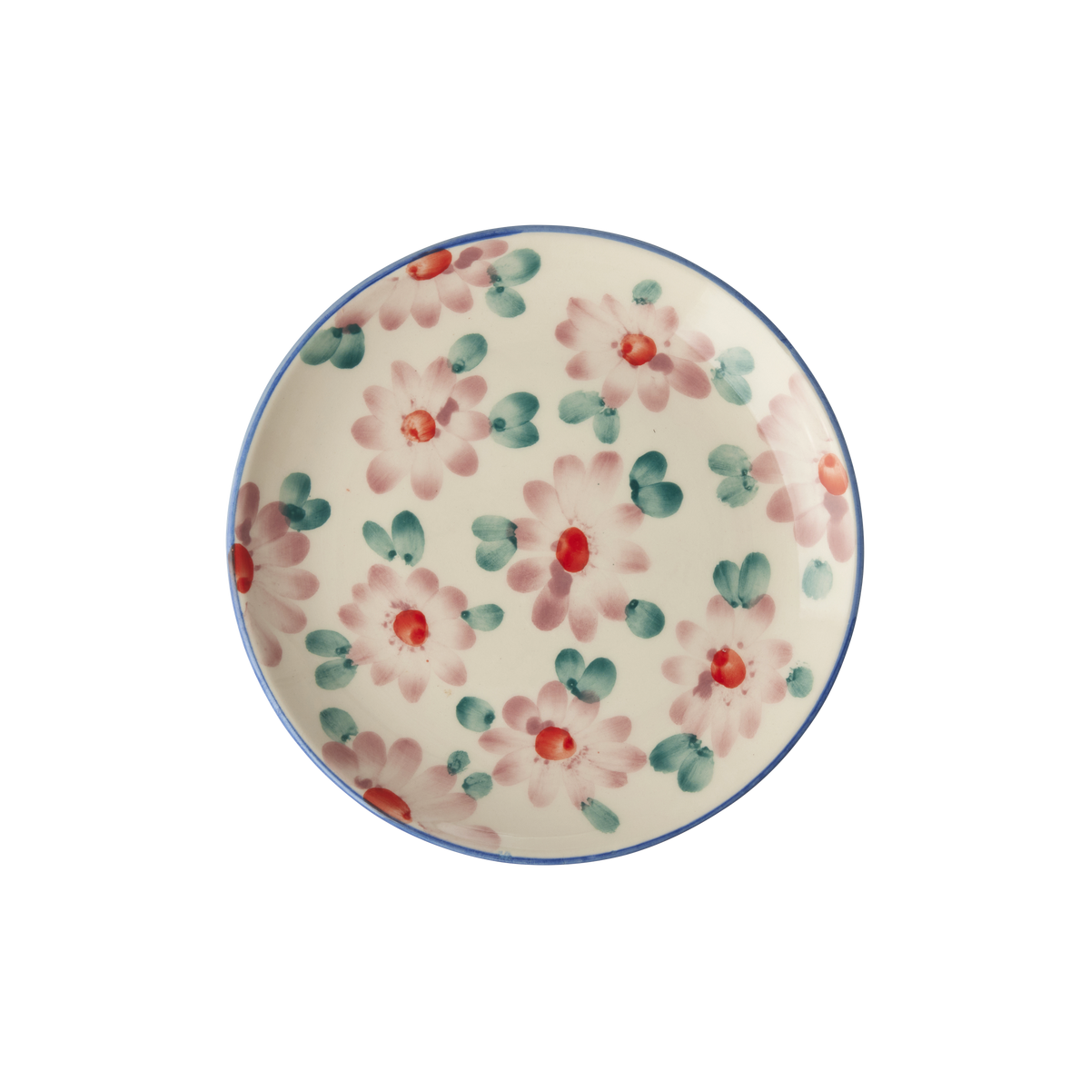 Ceramic cake plate with hand-painted pink flowers, green leaves, and blue rim