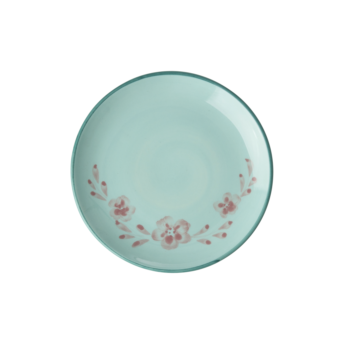 Light blue ceramic cake plate with hand-painted pink flower vine border