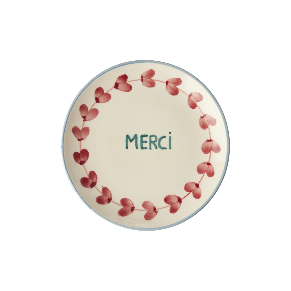Ceramic cake plate with hand-painted Merci text and pink butterfly wreath border