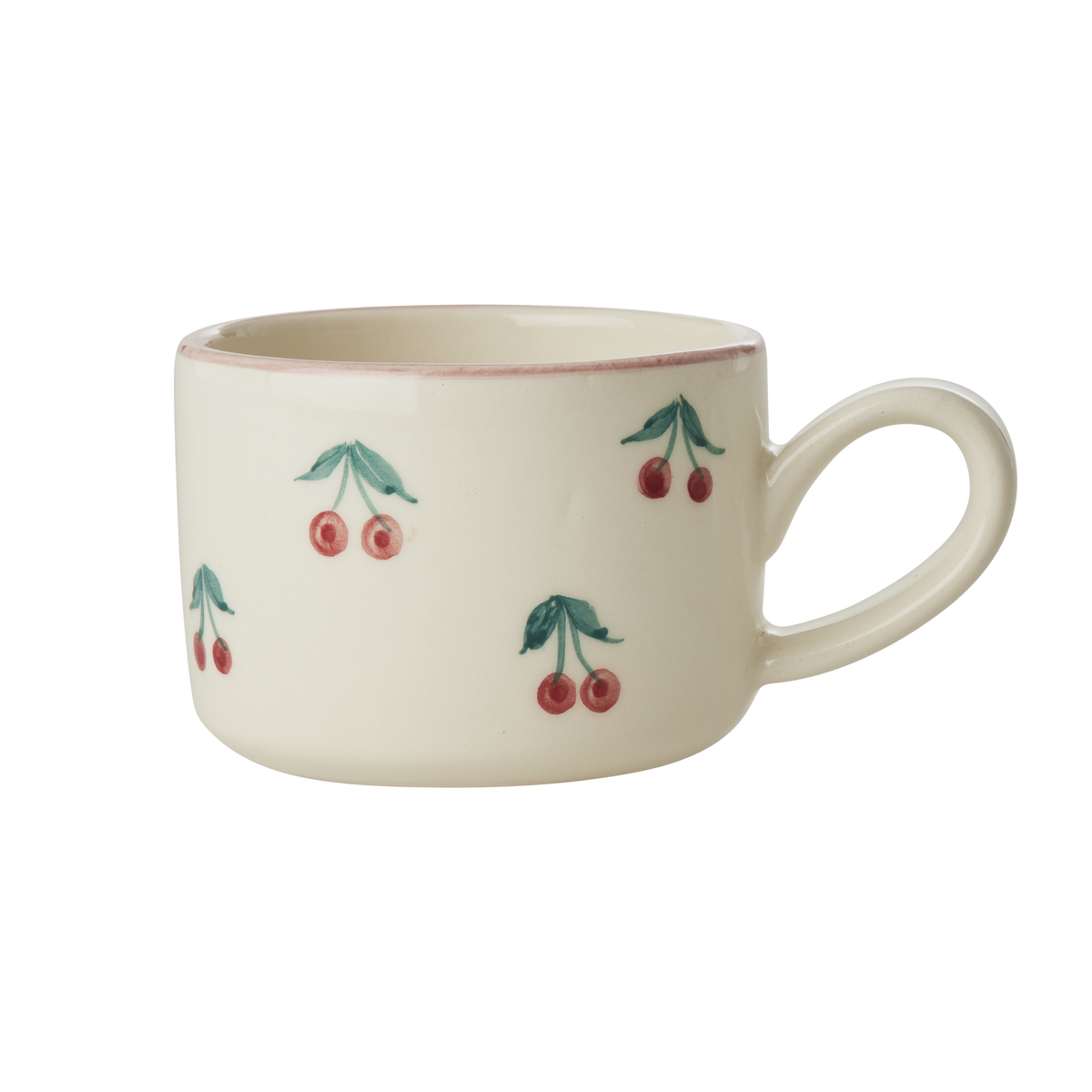 Ceramic cappuccino cup with hand-painted cherries and curved handle, 6.7 oz