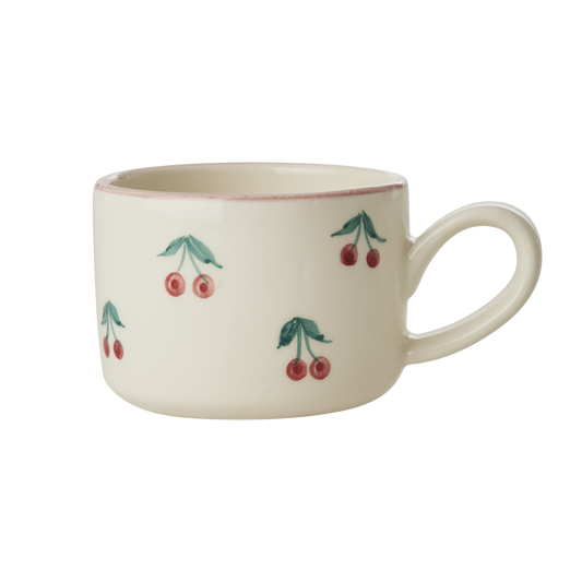 Ceramic cappuccino cup with hand-painted cherries and curved handle, 6.7 oz