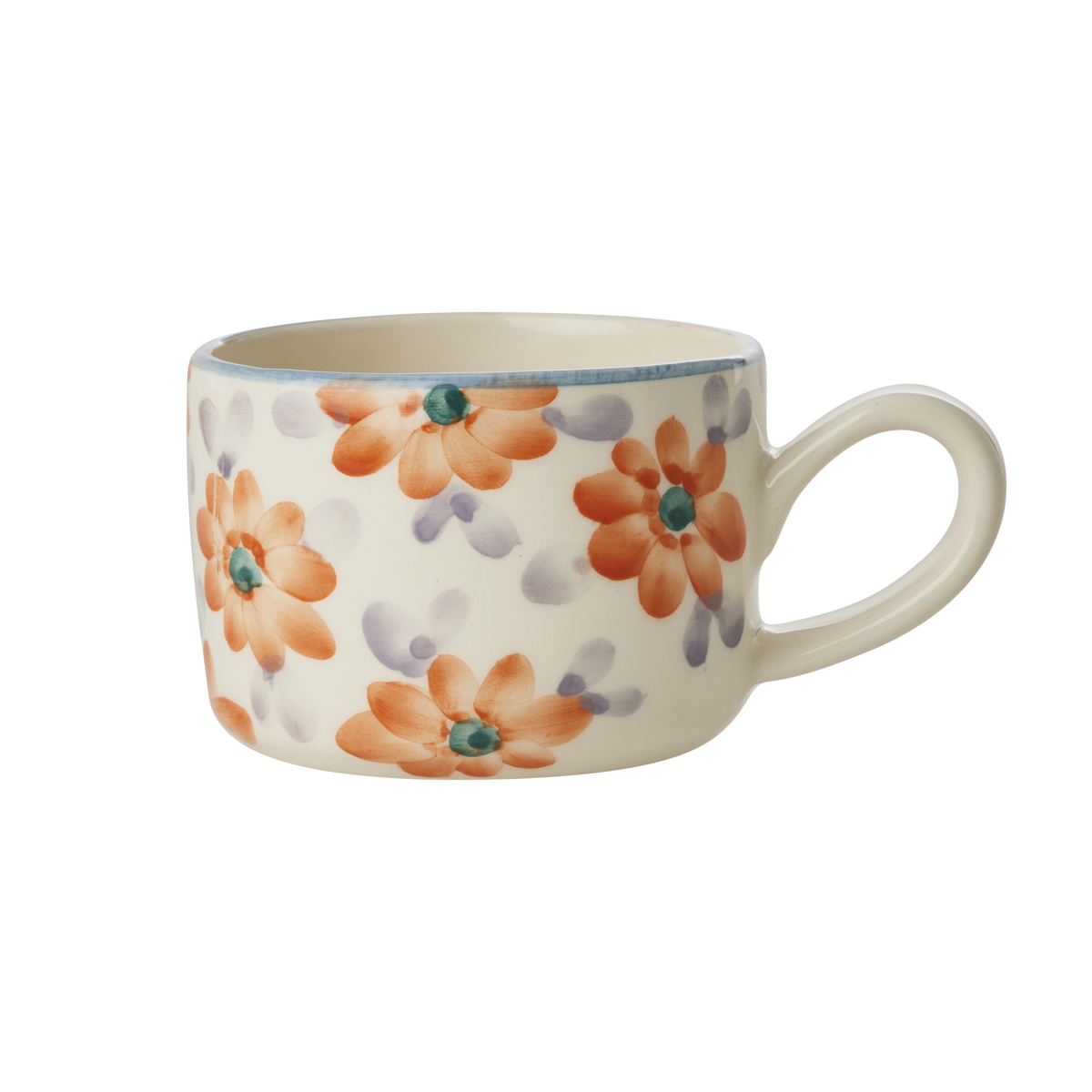 Ceramic cappuccino cup with hand-painted orange flowers and curved side handle