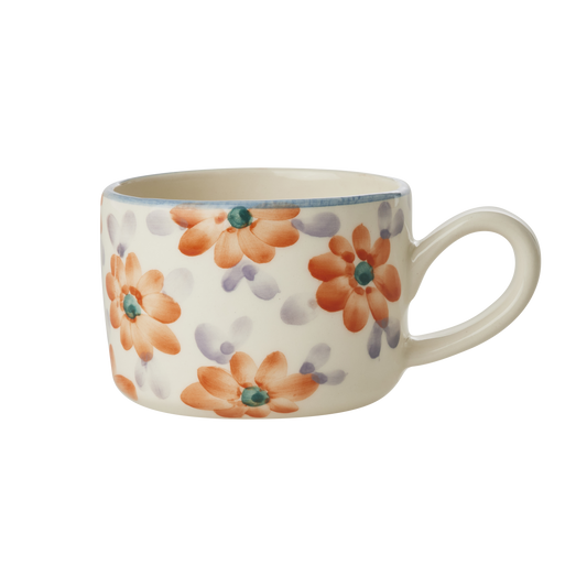 Ceramic cappuccino cup with hand-painted orange flowers and curved side handle