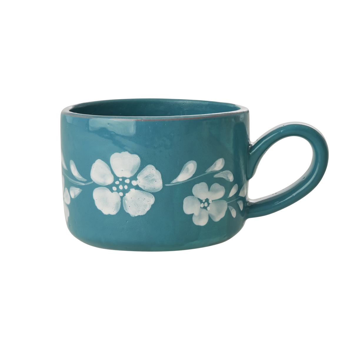 Ceramic cappuccino cup, teal with hand-painted white flowers and vine, 6.7 oz