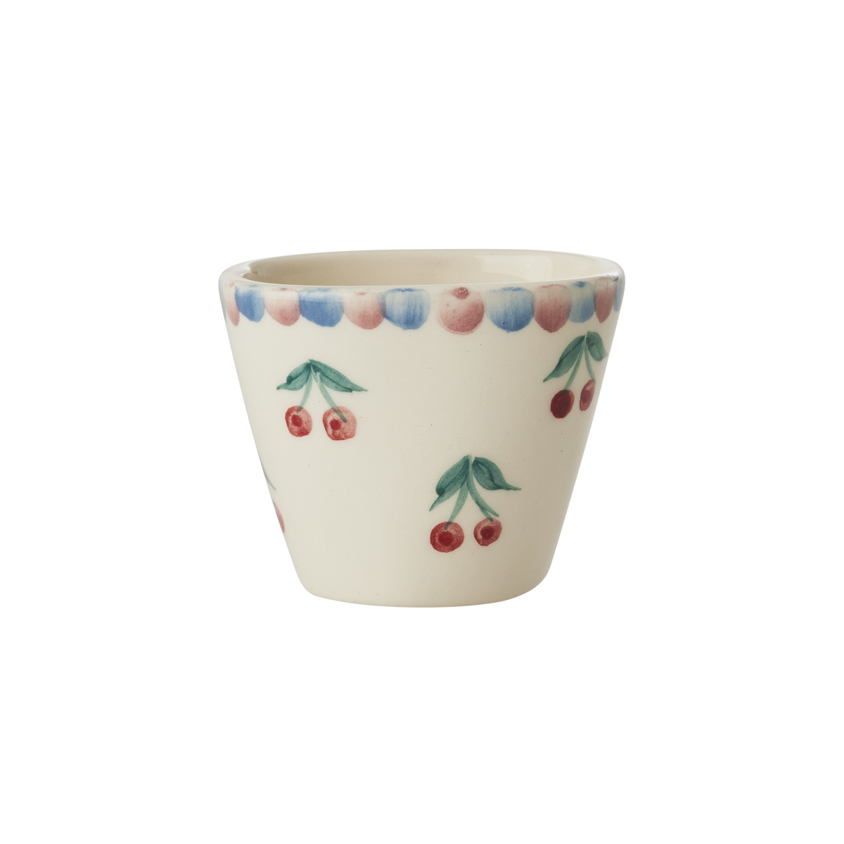 Cream ceramic espresso cup with hand-painted cherries and leaves, oval shape, 2.4 oz