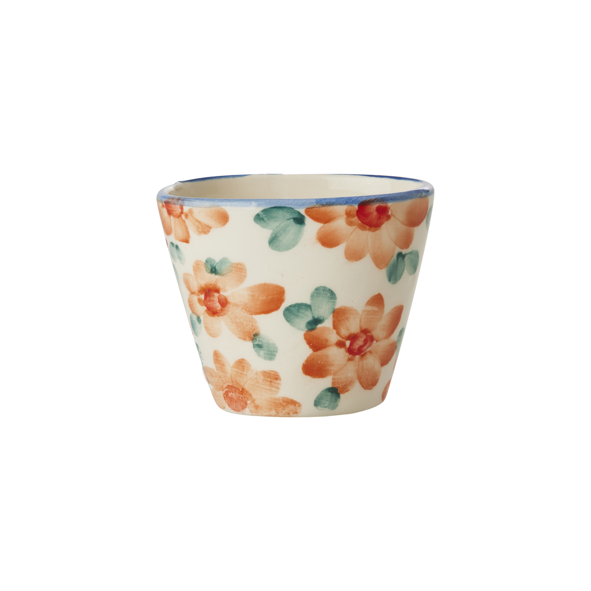 Ceramic oval espresso cup with hand-painted orange flowers and green leaves