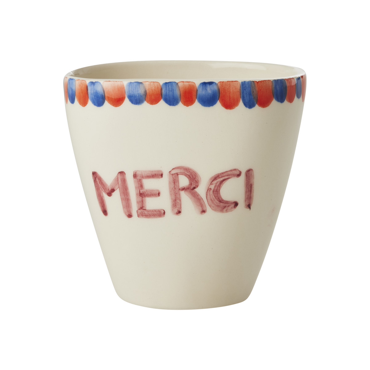 Ceramic oval cup with hand-painted Merci text and blue-orange patterned rim.