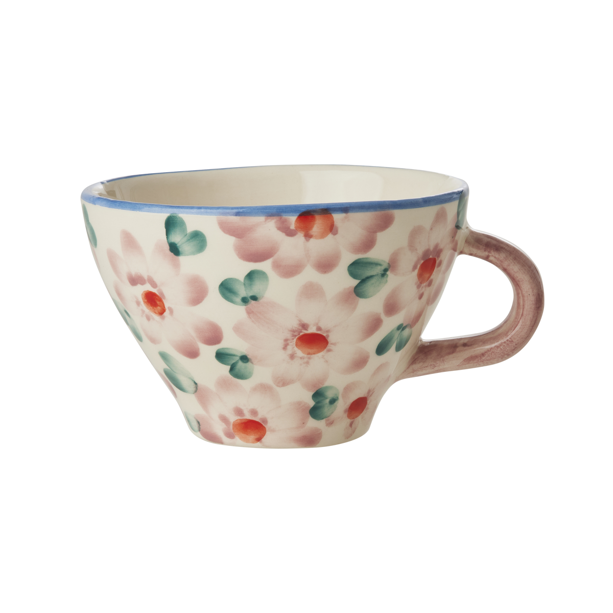 Ceramic tea cup with pink hand-painted floral pattern and curved side handle