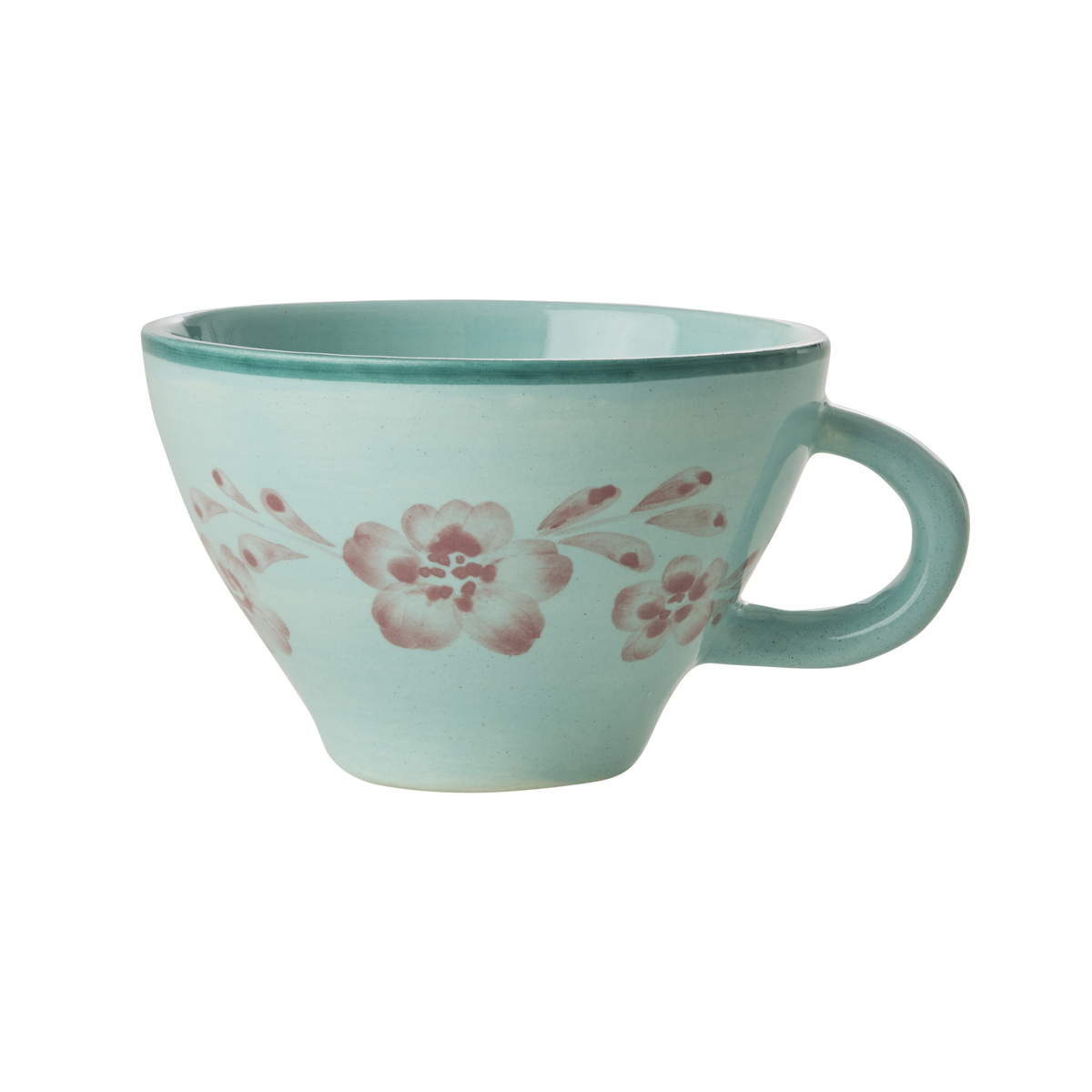Ceramic tea cup with mint glaze and hand-painted soft pink floral vine, side handle