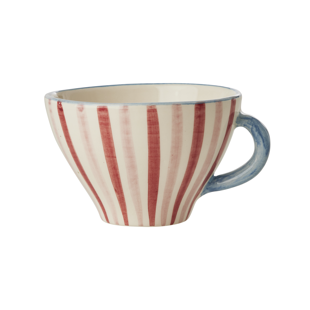 Ceramic tea cup with red-and-cream vertical stripes and blue handle, 5 oz