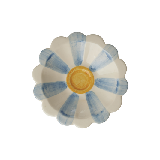 Ceramic flower dipping bowl with blue hand-painted stripes and a round center