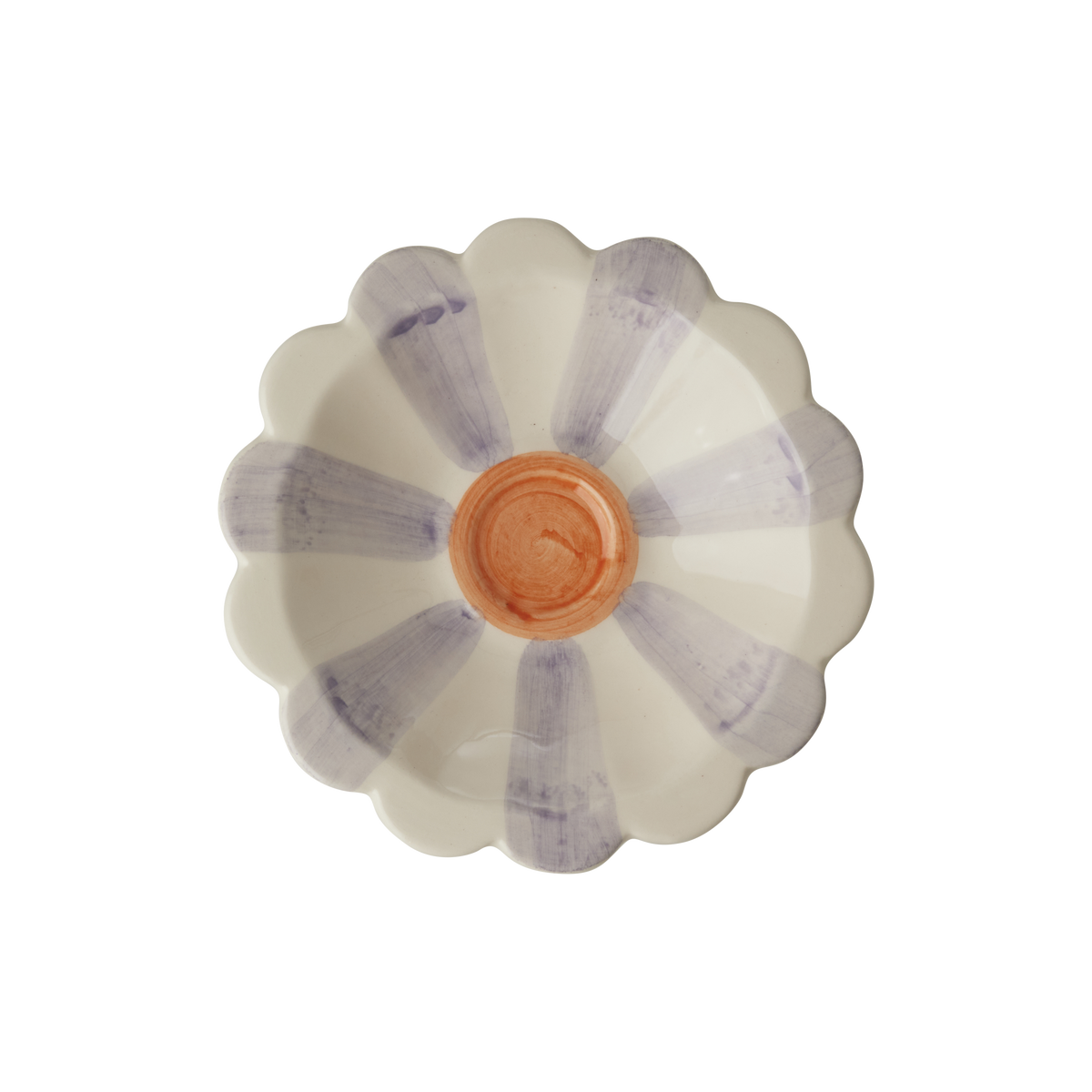 Ceramic flower dipping bowl with lavender hand-painted stripes and orange center