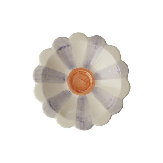 Ceramic flower dipping bowl with lavender hand-painted stripes and orange center