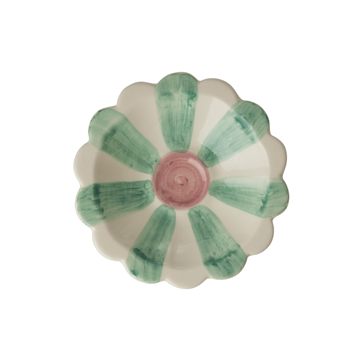 Flower-shaped ceramic dipping bowl with soft green hand-painted stripes and pink center