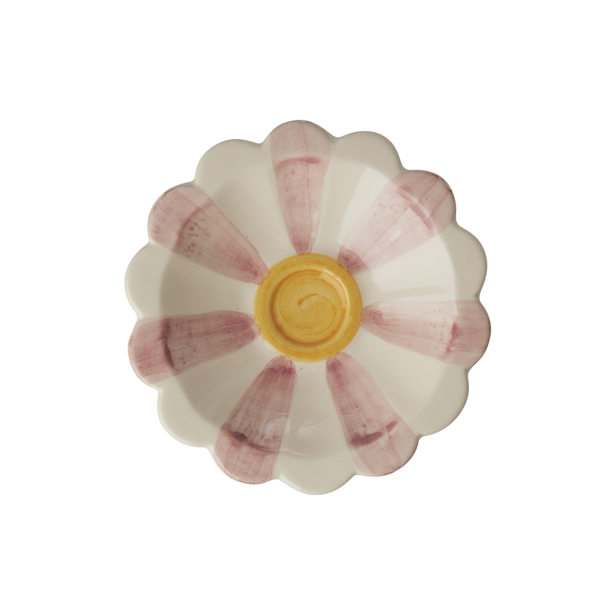 Flower-shaped ceramic dipping bowl with white glaze, pink stripes, and yellow center