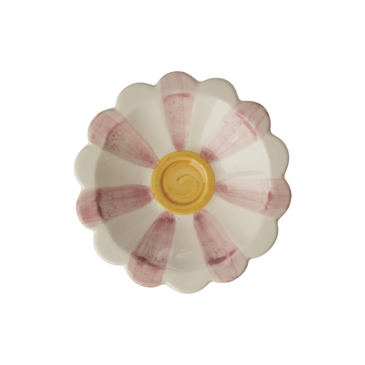 Flower-shaped ceramic dipping bowl with white glaze, pink stripes, and yellow center