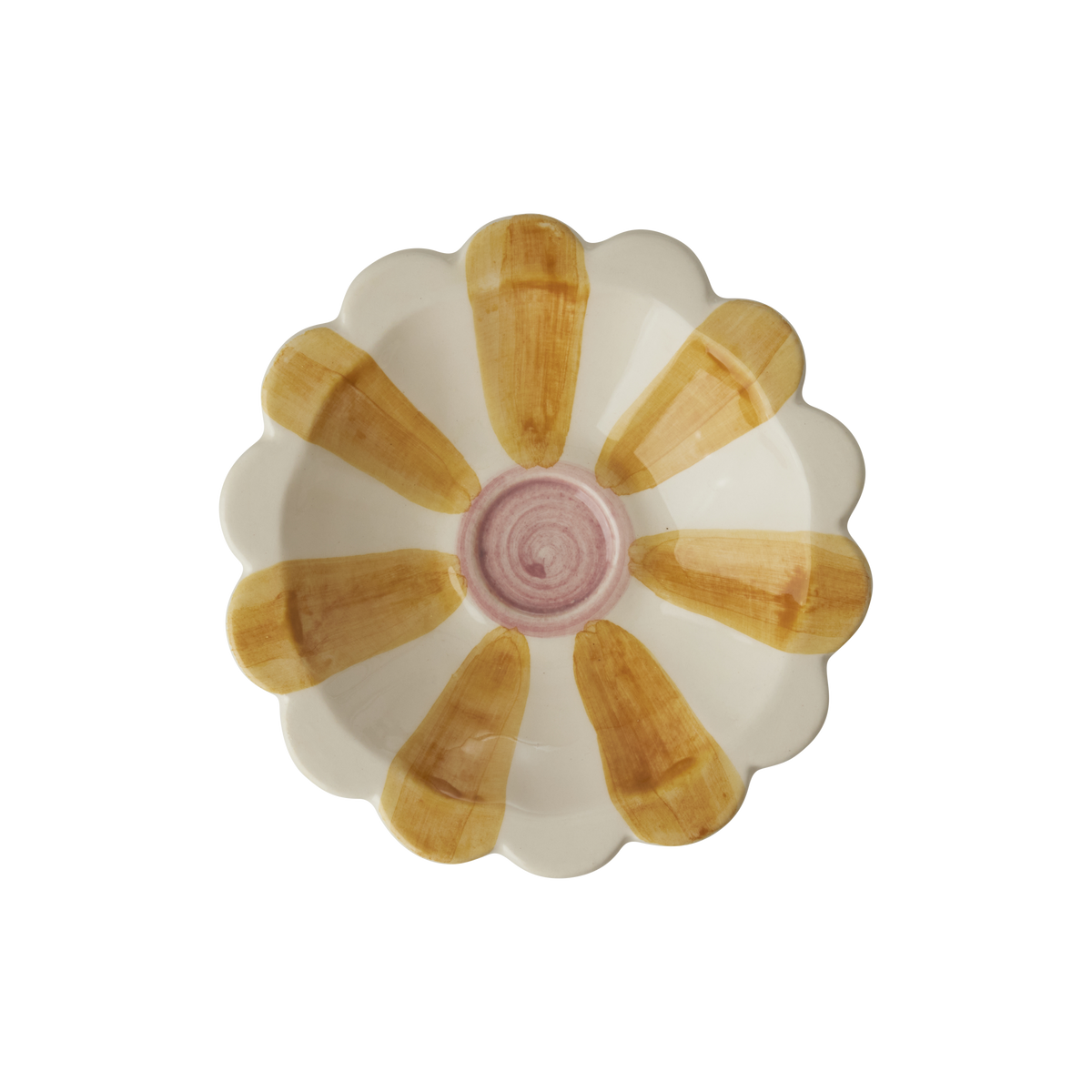Ceramic flower dipping bowl with white petals, yellow hand-painted stripes, and pink center