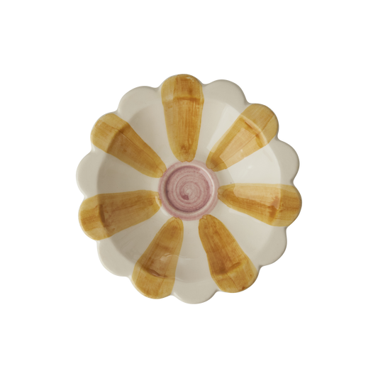Ceramic flower dipping bowl with white petals, yellow hand-painted stripes, and pink center