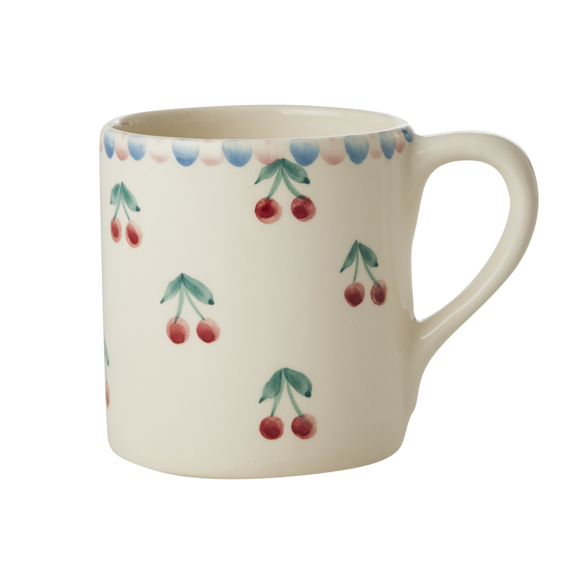 Ceramic mug with hand-painted cherries and green leaves, white glaze, side handle