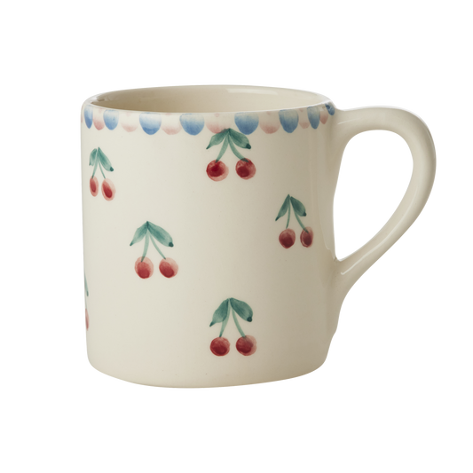 Ceramic mug with hand-painted cherries and green leaves, white glaze, side handle