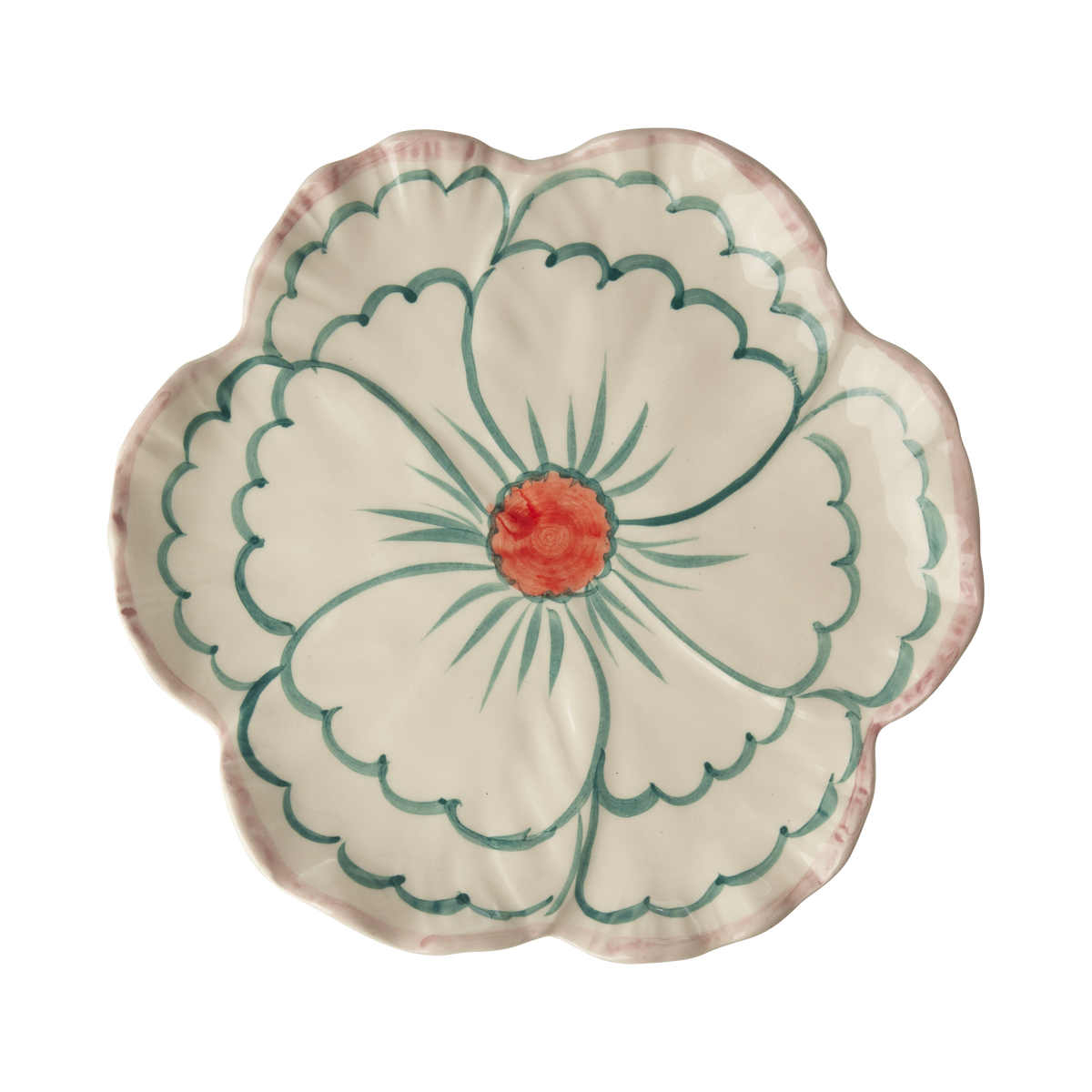 Ceramic flower-shaped side plate with scalloped pink rim and green floral print