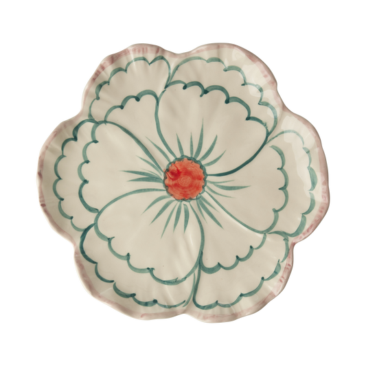 Ceramic flower-shaped side plate with scalloped pink rim and green floral print