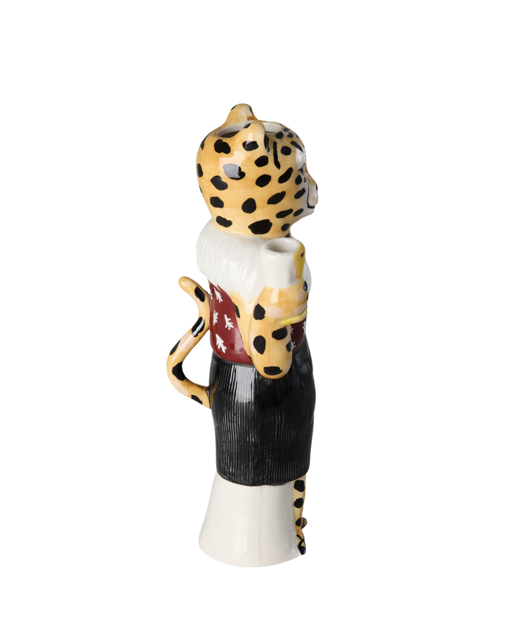 Leopard-shaped ceramic vase side view, character head, dark trousers, spotted design