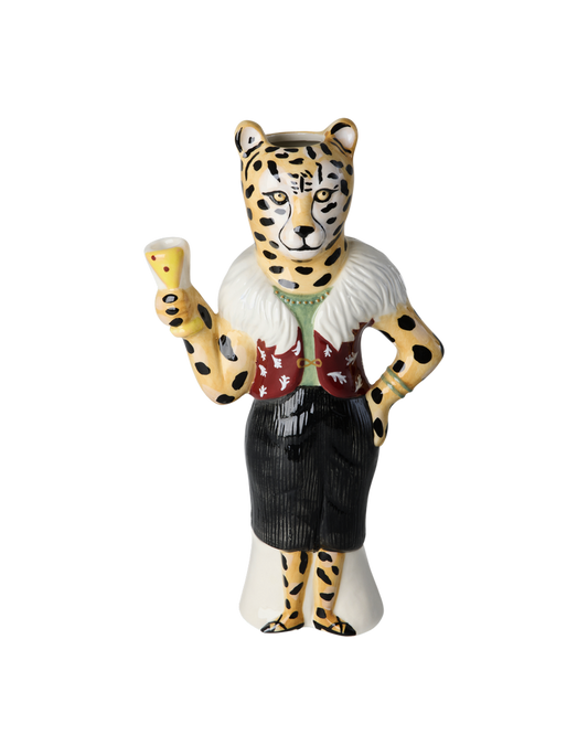 Leopard-shaped ceramic vase with character face, raised paws, spotted pattern