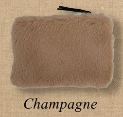 Tan faux fur zip pouch with black zipper