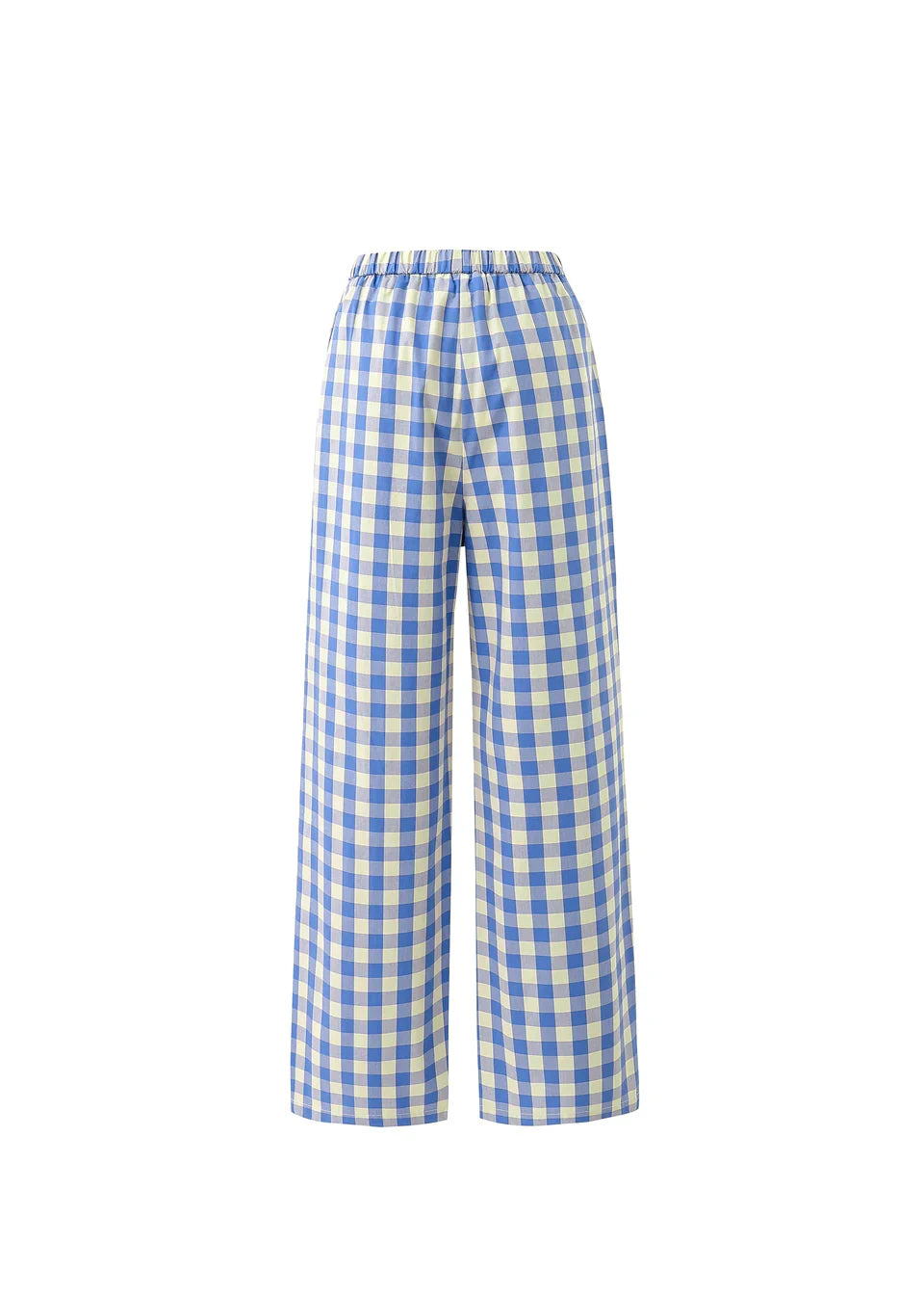 Back view of blue and white gingham wide-leg pants with elastic waistband