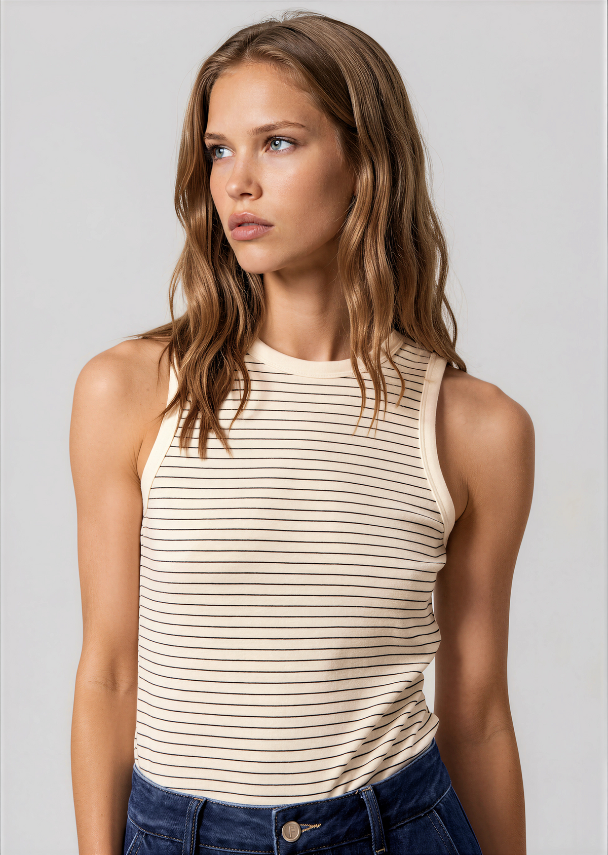 Ribbed striped tank top with scoop neck, sleeveless, cream with navy thin stripes