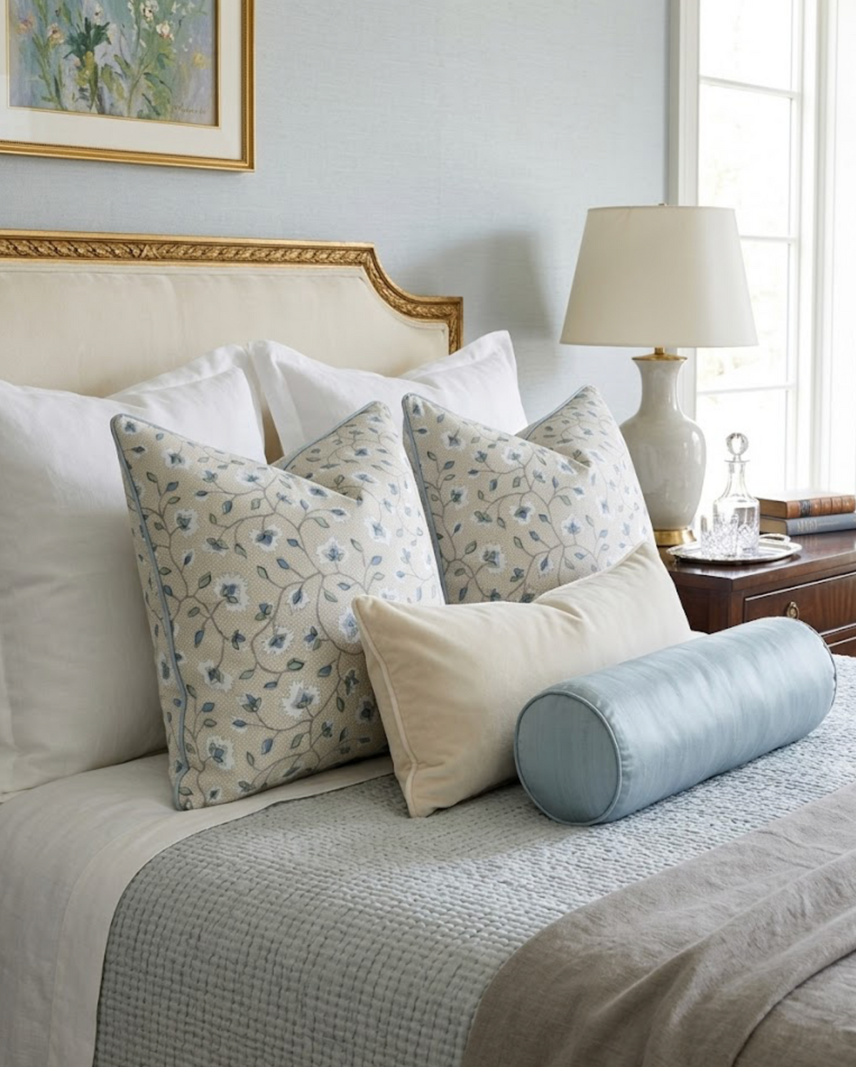 Floral slate blue pillow cover on light cream, styled on a bed
