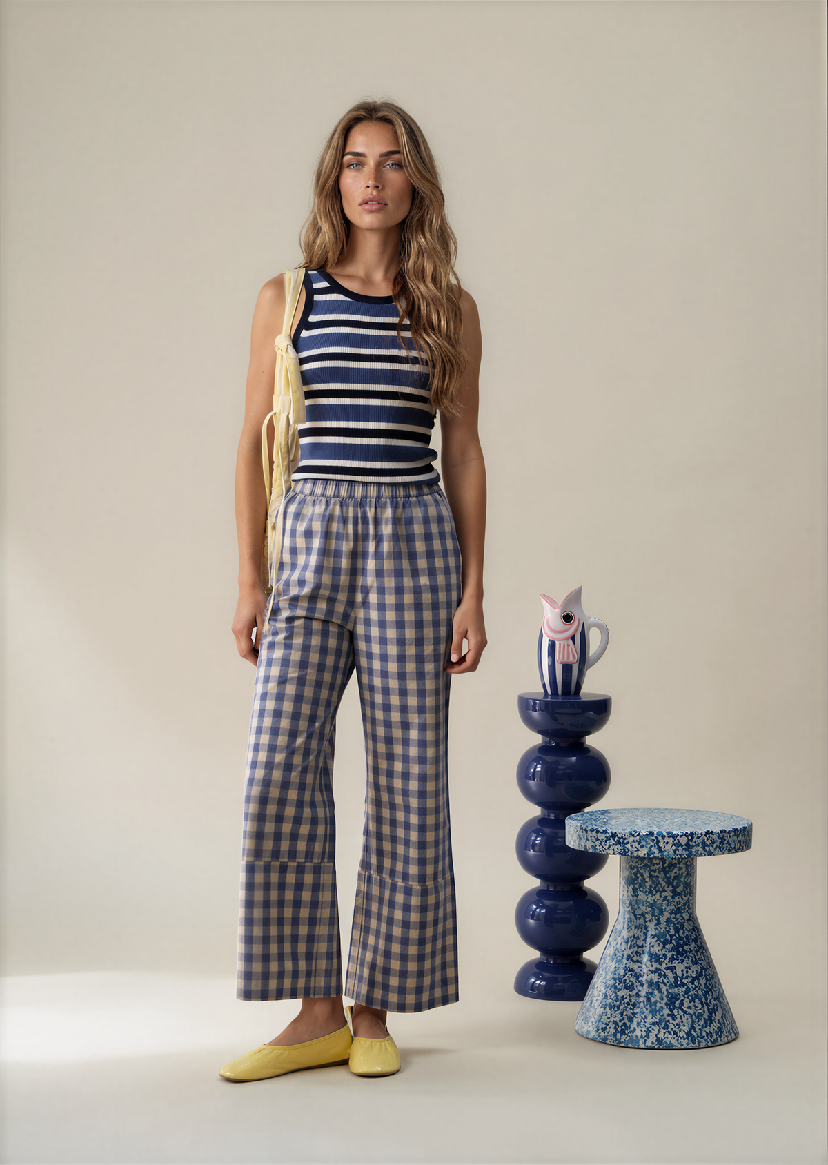 Blue and white gingham wide-leg pants with elastic waistband and relaxed fit