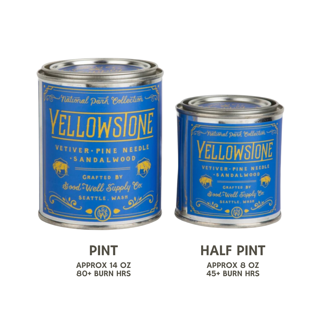Yellowstone candles in blue tins, shown in pint and half-pint sizes