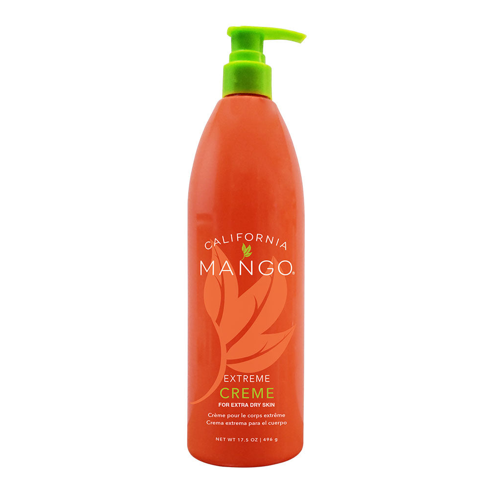 Orange pump bottle with green dispenser, 'California Mango' cream label