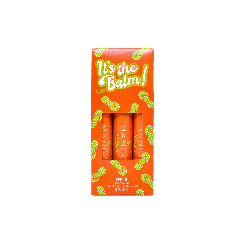 3-pack mango lip balm box showing three orange lip balm sticks