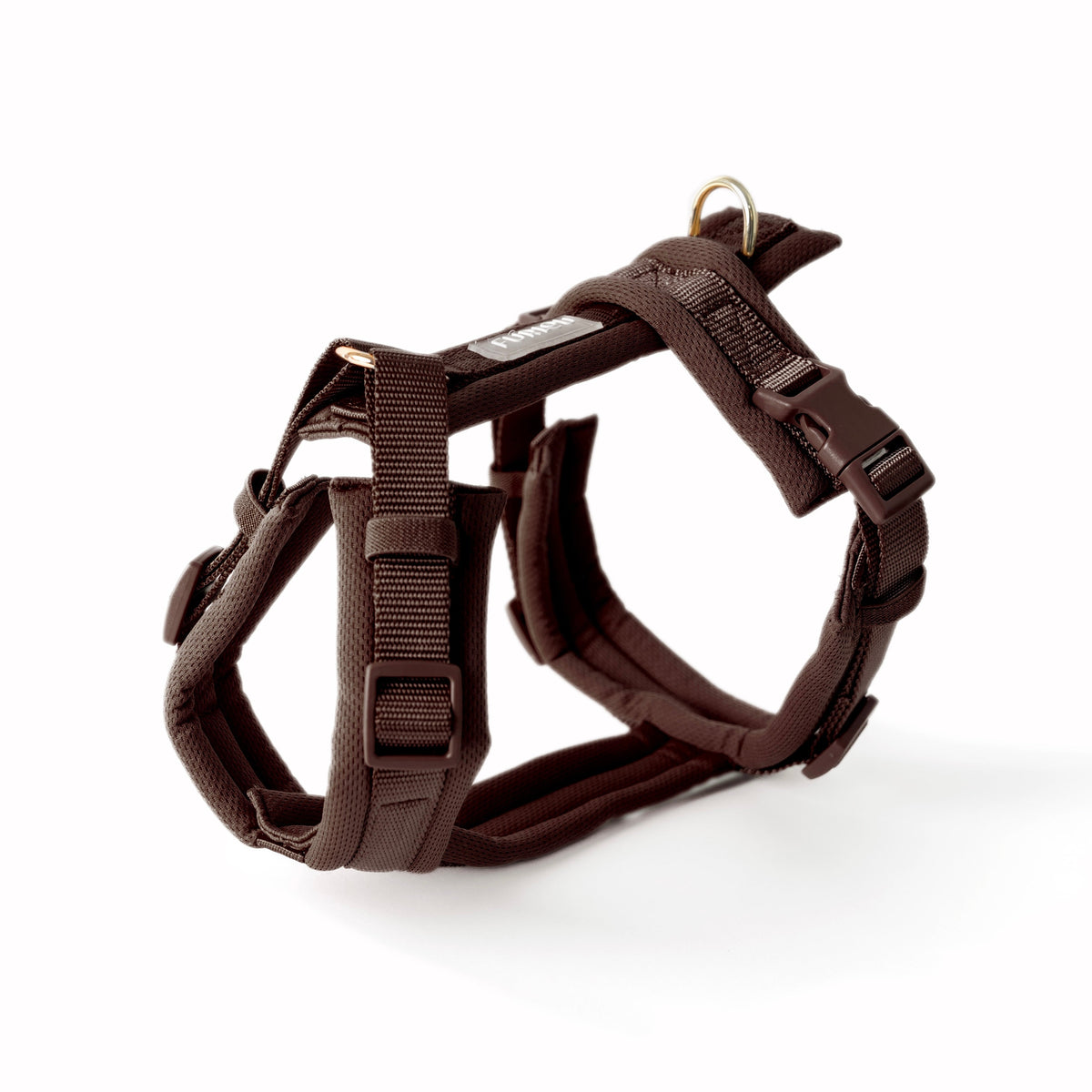Brown comfort dog harness with adjustable straps and metal D-ring