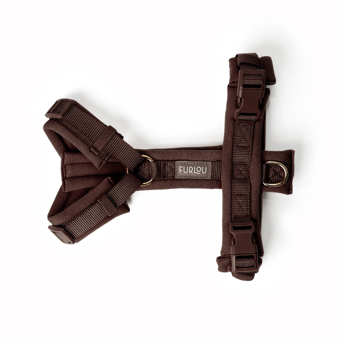 Brown dog comfort harness with bow detail, front buckle, and D-ring