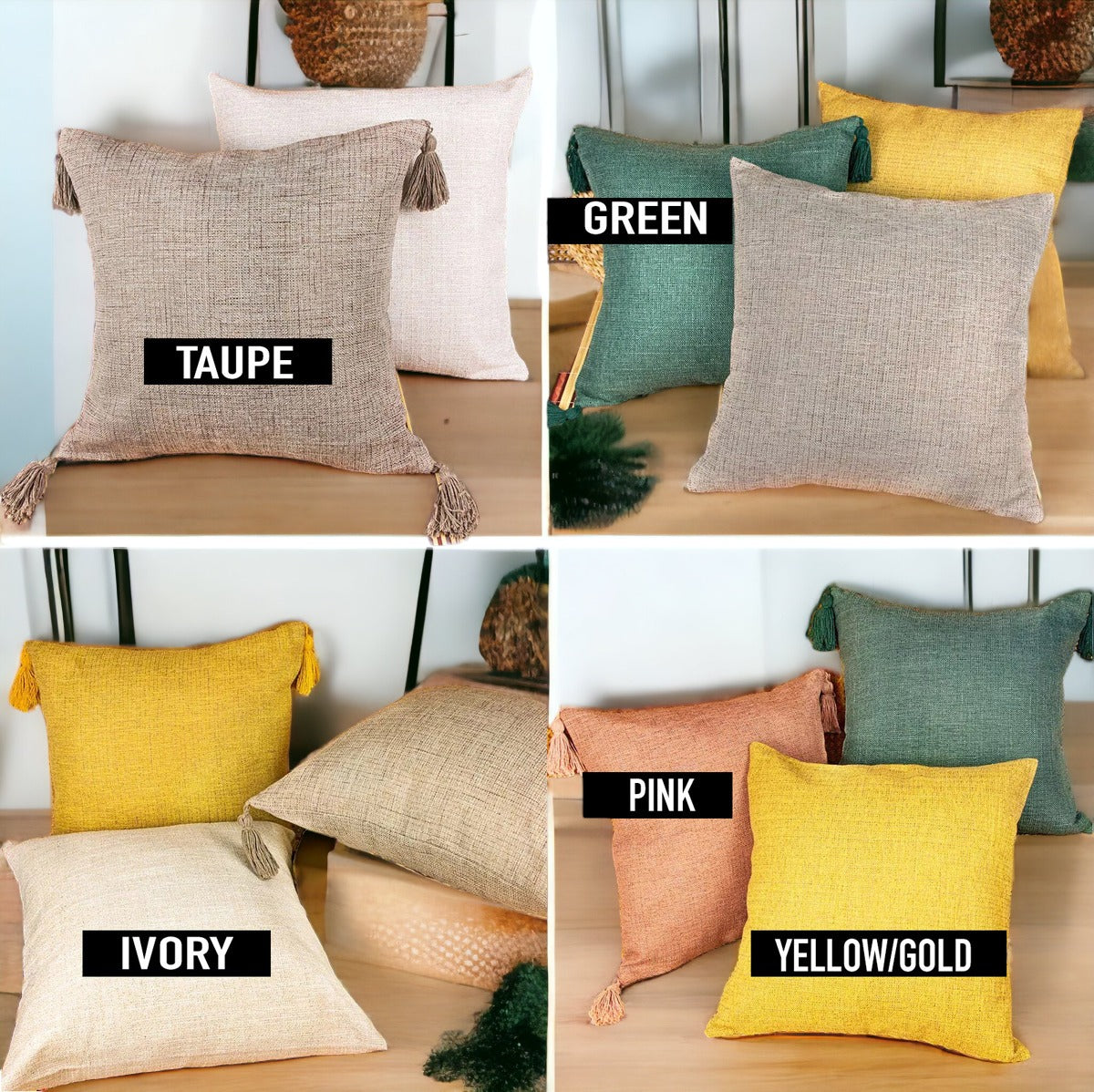 Square linen-look pillow cases in taupe, green, ivory, pink, and yellow/gold