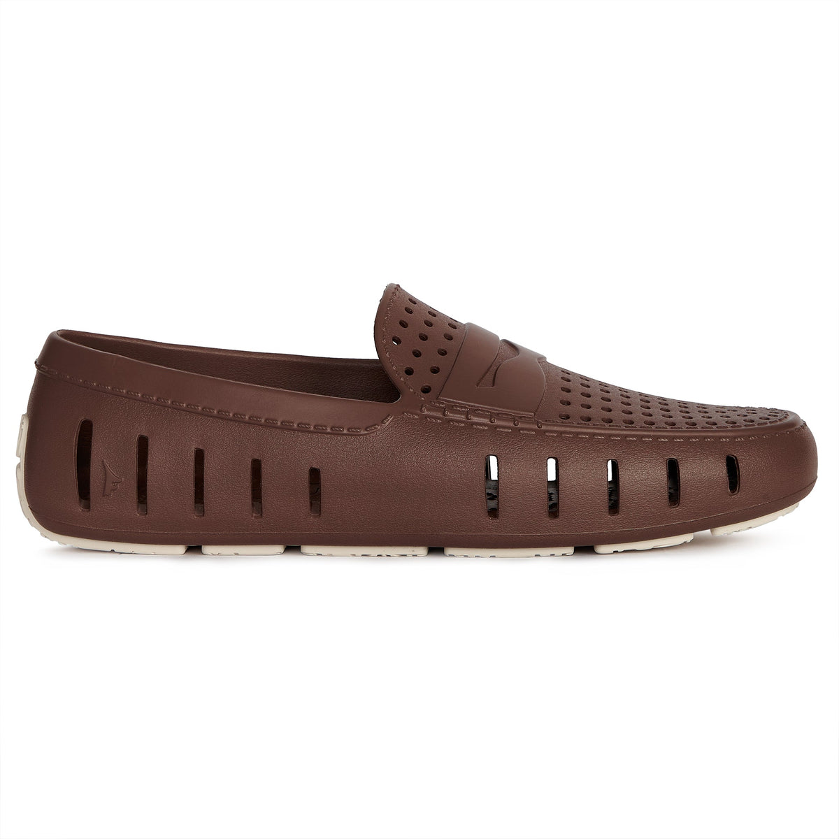 Men's brown perforated slip-on loafers with molded heel and side vents